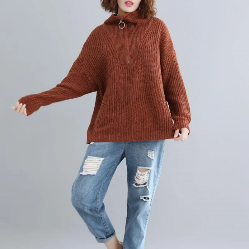 Coffee Sleeve Knitted Solid Zipper Pullovers Sweater Turn Down Winter Buykud Red Batwing Collar Long Women Cotton Casual qgavU