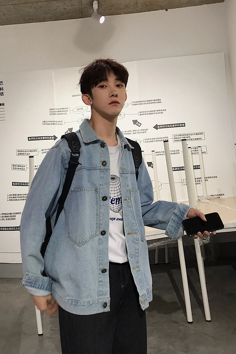 

Fashion Casual Men's Jacket Autumn And Winter New M-2XL Solid Color Loose Denim Shirt Sky Blue Navy Personality Youth Popular