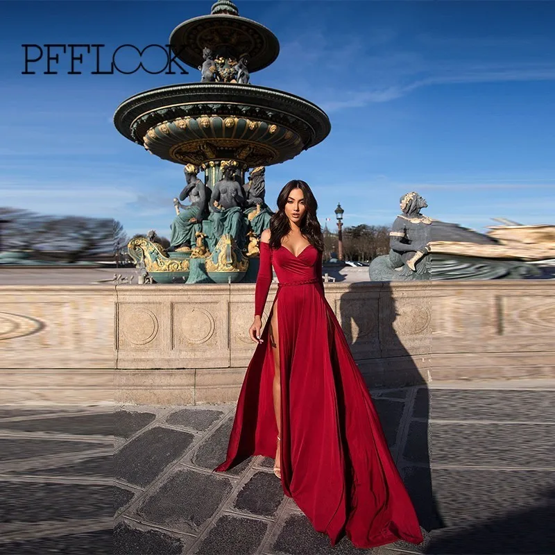 

PFFLOOK Women Party Dress 2019 Sexy Off Shoulder Long Sleeve High Split Long Maxi Dresses Female V Neck Backless Vestidos Red