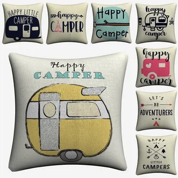 

Happy Camper Kids Cartoon Decorative Linen Cushion Cover 45x45cm Pillow Case For Sofa Home Decor Throw Pillow Covers Almofada
