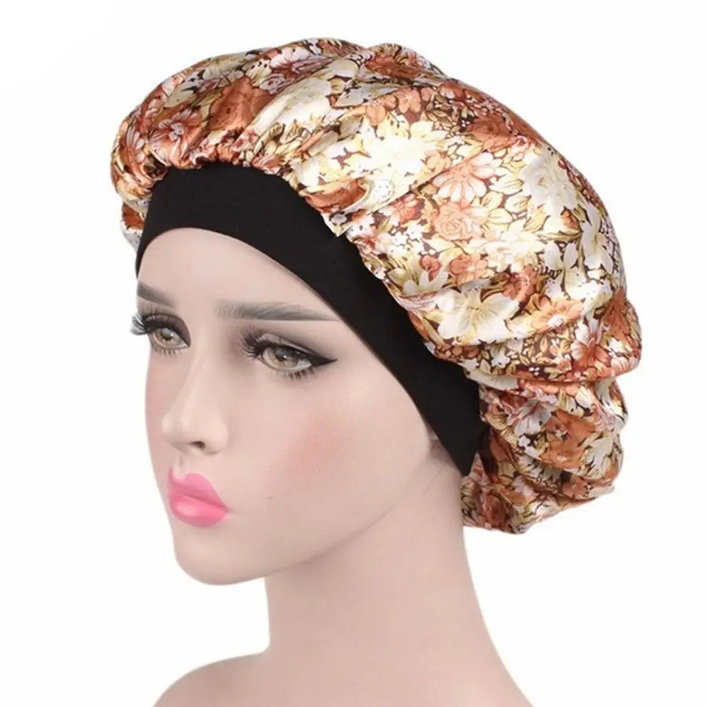 

Hair Caps Cute Comfortable Waterproof Women Fashion Wide Band Satin Bonnet Resuable Night Sleep Hat Ladies Turban Royal Flower