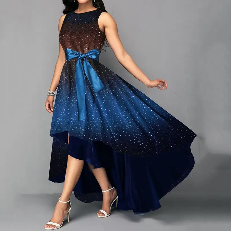 

Elegant Party Plus Large Big Size Dress S-4XL Retro Summer Women Bowknot Blue Print Asymmetrical High Low Vintage Long Dress