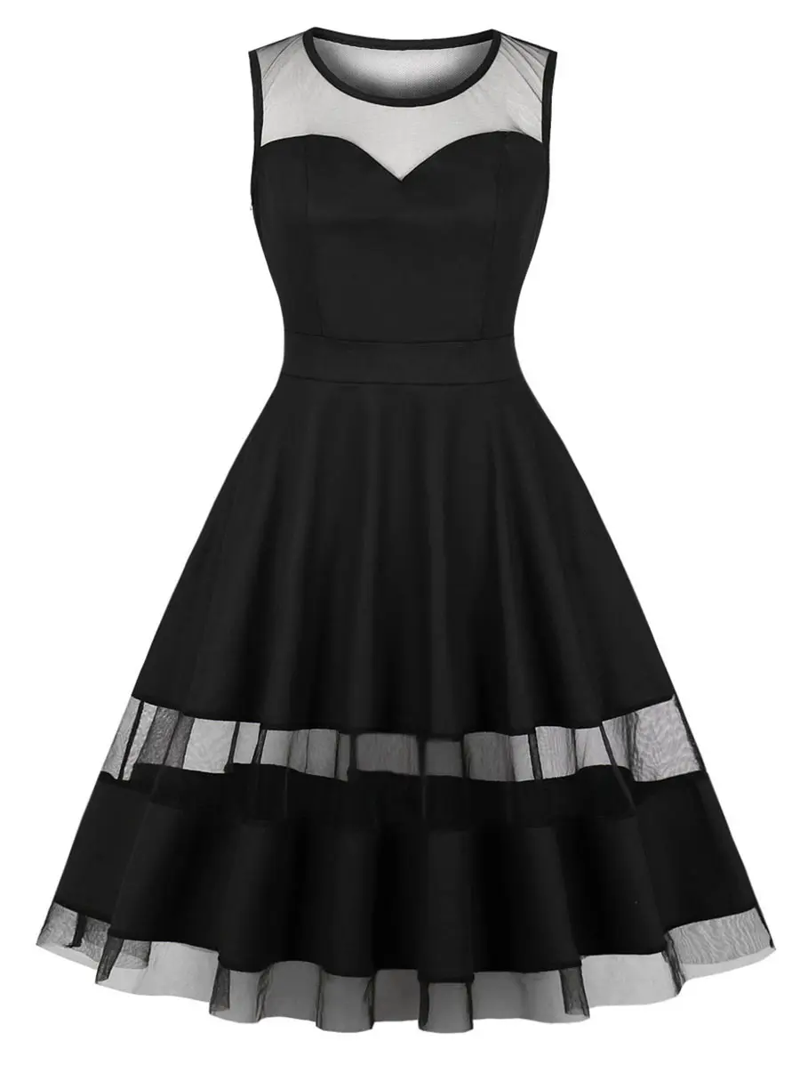 

Wipalo Women Summer Party Dress Sheer Mesh Panel Sleeveless Dress Sleeveless O Neck A-Line Elegant Vintage Dress Vestidos