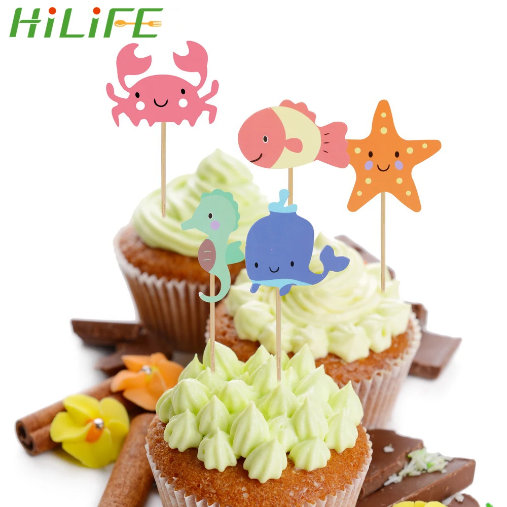 

HILIFE 5 Pieces/Set Cupcake Toppers Cute Marine Organisms Birthday Party Cake Decoration Card Cake Dessert Inserted Card