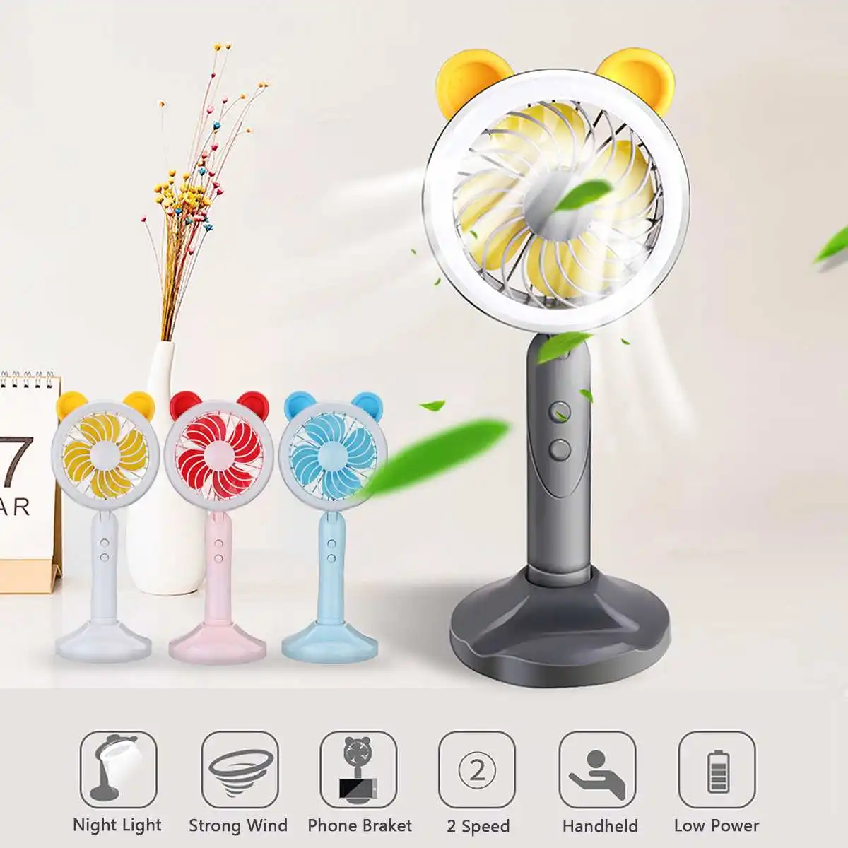 

1Pcs Cartoon bear handheld mini fan USB Charger Rechargeable portable fan with phone backet led light Adjustable Cooling Fans