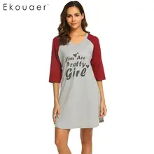 Ekouaer Summer Nightgown Chemise Sleepshirts Women Loose Home Dress Sleepwear V-Neck Letters Printed Nightwear Nightdress