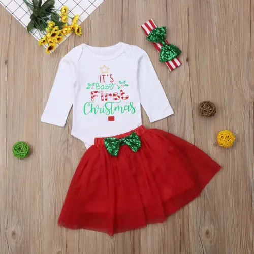My First Christmas Baby Girls Clothes Infant Outfit Romper Tutu Skirts Headband 3PCS Set | Мать и ребенок