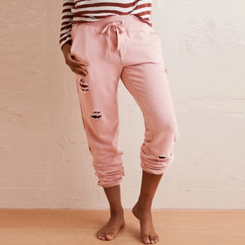 

High Waist Drawstring Haren Pants Women Casual Pants Ripped Hole Lace Up Pink Plain Pants Ladies Sweatpants Trousers Women
