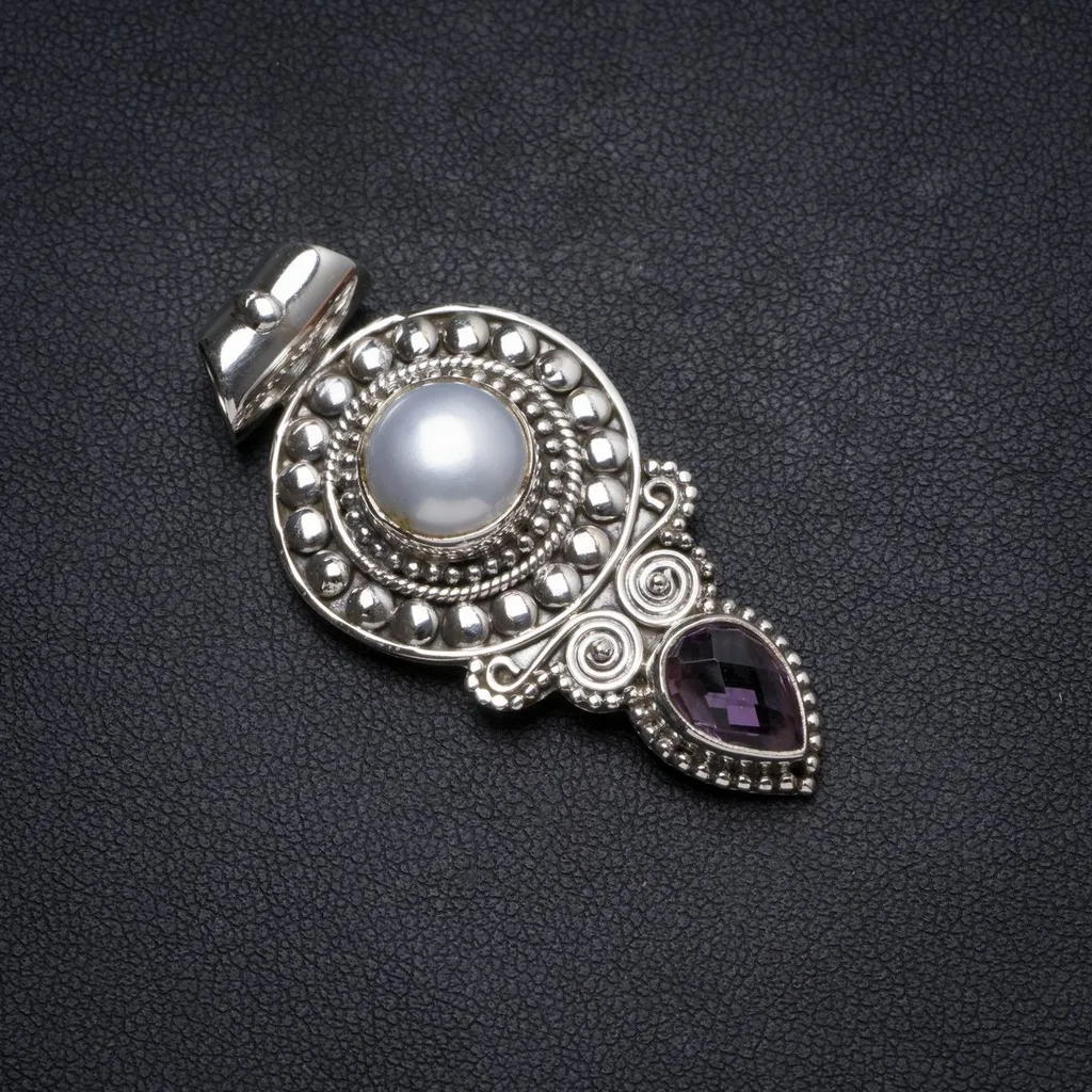 

Natural River Pearl andAmethyst Handmade Unique 925 Sterling Silver Pendant 1.75" X0883