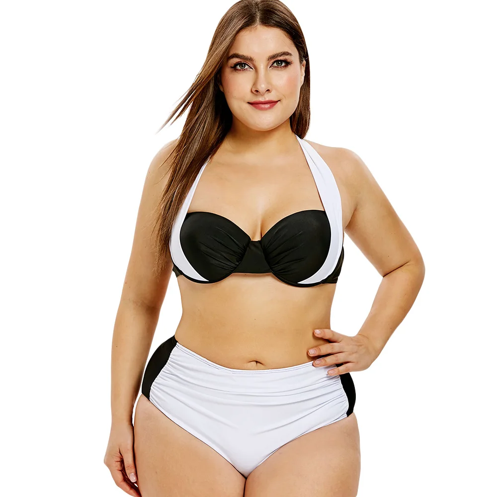 

plus size Women Swimming Suit Sexy Lady High Waist Bandage Bikini Set Push Up Halter Swimsuit Bathing Suit Color Block Swimwear