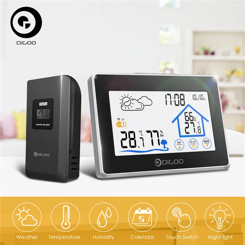 

Digoo DG-TH8380 Wireless Thermometer Hygrometer Touch Screen Weather Station With Thermometer Outdoor Forecast Sensor Clock