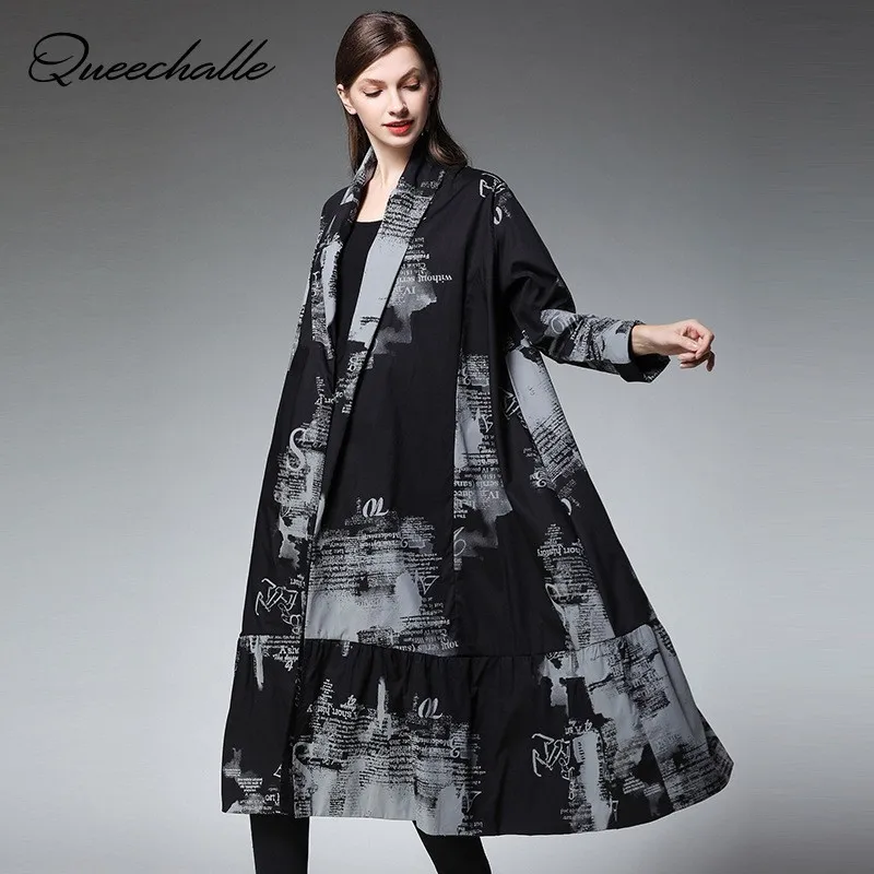 

2019 Spring Coats Women's Elegant Shirt Cardigan Vintage Print Long Sleeve Loose Trench Coat Female Plus Size Shirts Black Color