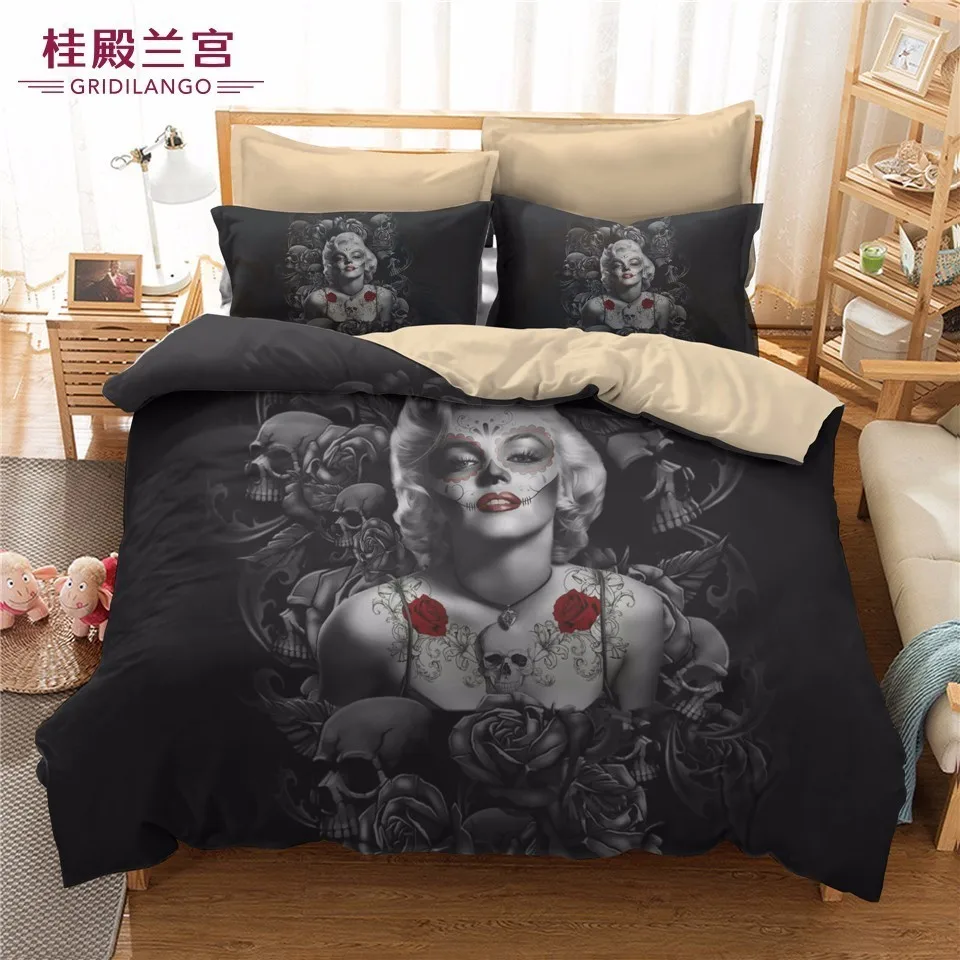 

New Fashion Creative Sugar Skull Bedding Set Rose Tattoo Marilyn Monro Duvet Cover Pistol Home Textiles Flower Bedclothes 3PCS