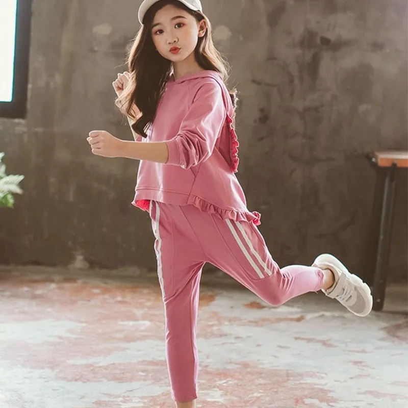

New 2019 Kids 2 Pcs Character Hooded Ruffles Sweatshirt & Sport Pant For Girls Tracksuits Clothing Children Solid Cotton Outfits