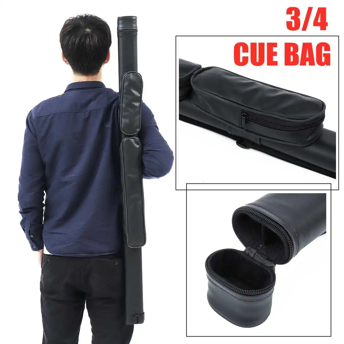 

46" 3/4PU Leather Pool Cue Case Cue Bag Holder Organizer Portable Snooker Rod Box Billiard Accessories Tool 119cm Black