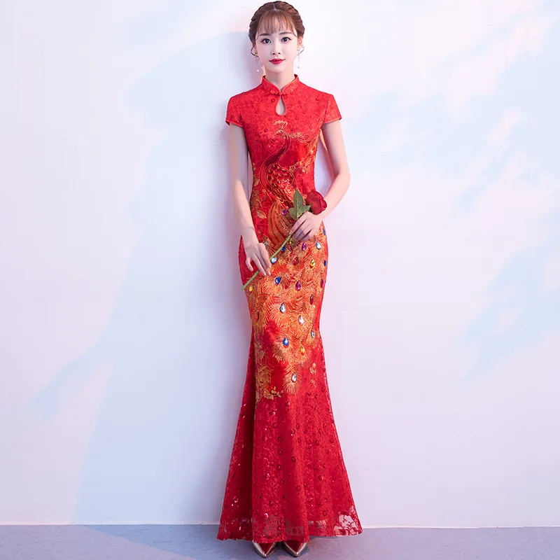 Китайский стиль для женщин Красный блёстки Qipao элегантный тонкий короткий Sleee Банкетный Русалка платье невесты свадебное сексуальное