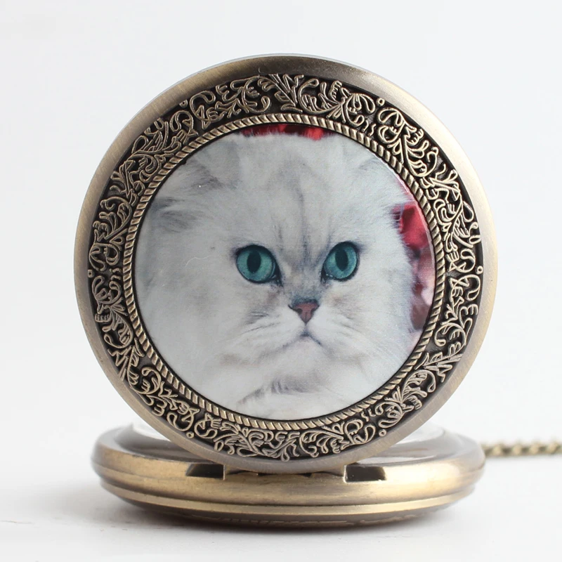 

Pocket & Fob Watches Bronze White Elegant Cat Animal Quartz Pocket Watch Pendant Chain Necklace for Women/Men Watch Gift