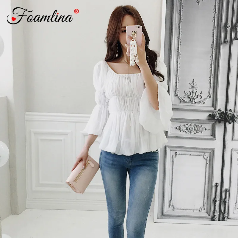 

Foamlina Casual Women White Blouse Shirt 2019 Spring Summer Slash Neck Flare Sleeve Elastic Waist Pleated Beach Chiffon Shirt