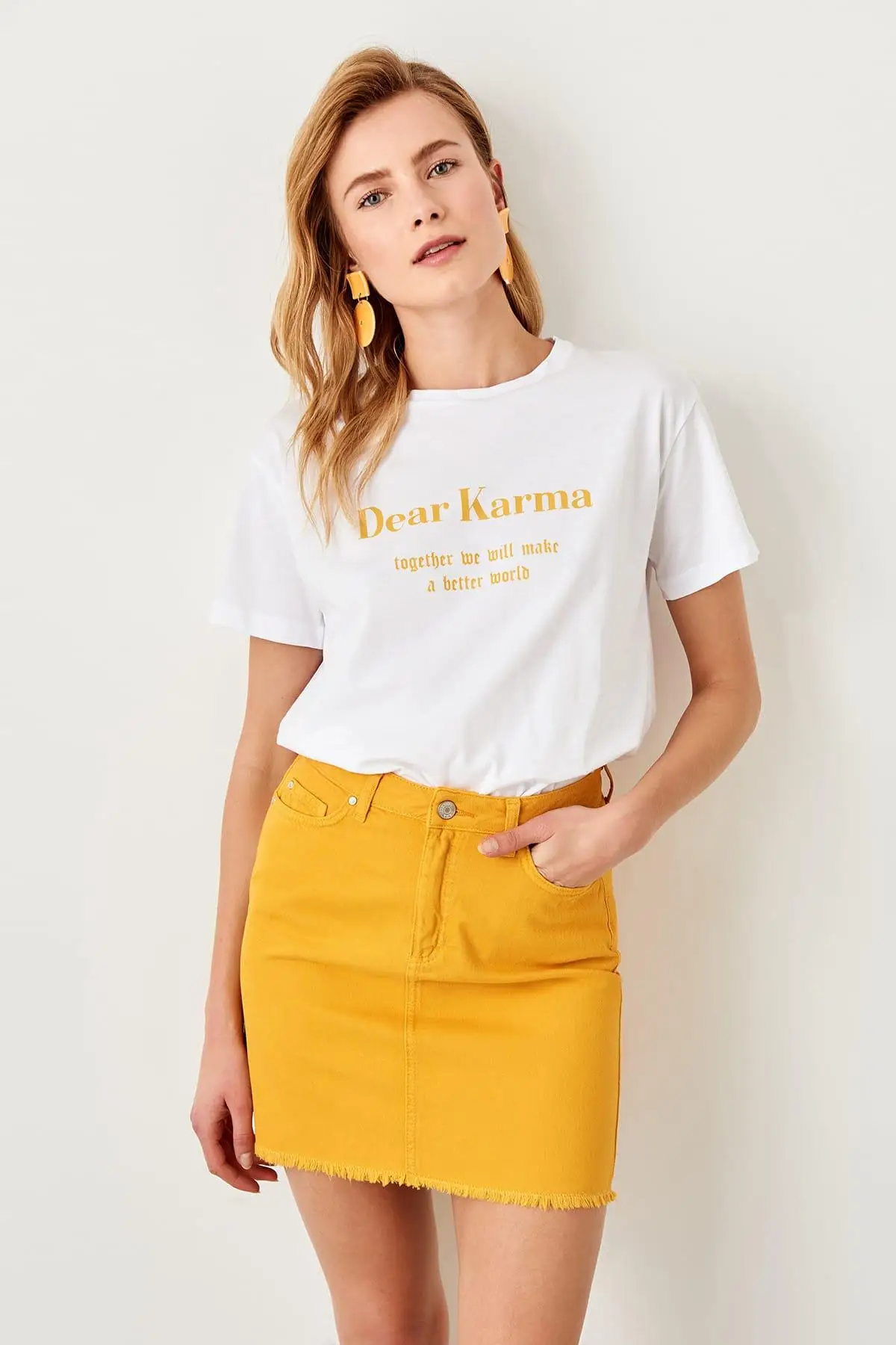 Trendyol горчичная джинсовая юбка с кисточками TWOSS19LR0201 | Женская одежда