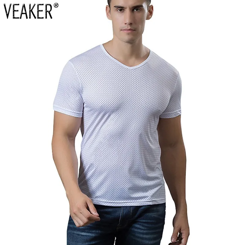 

2019 New Men's Short Sleeve Hollow Out T Shirt Male Sexy Transparent Mesh T-shirts Summer Casual Fitness Tee Tops Plus Size 4XL