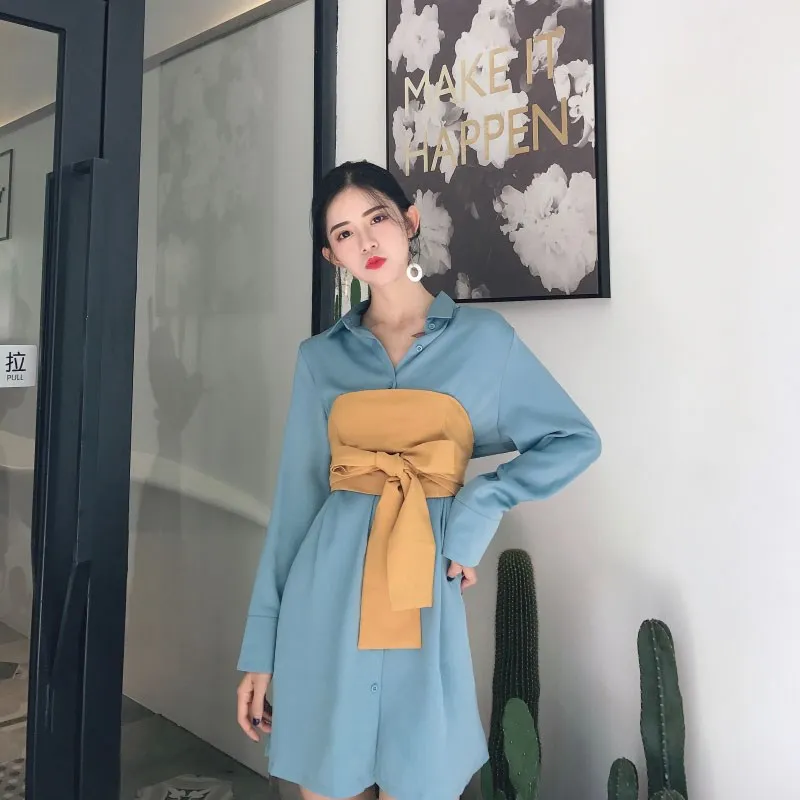 

Spring Wrap Dress Women Loose Simple Casual Bandage White/Blue Korean Dress Robe Femme