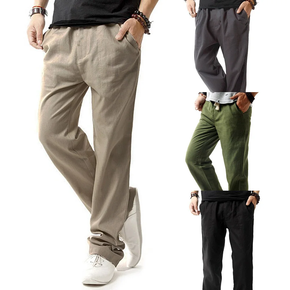 

Men's Summer Beach Pants Long Loose Linen Pants Trousers Solid Color Casual Pants Side Pockets Mens Elastic Waist Beach Pants