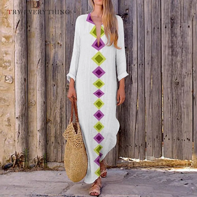

White Maxi Beach Dress Women Summer 2019 New Print Long Boho Dress Vintage Ladies Long Sleeve Loose Casual Dresses For Women 3XL