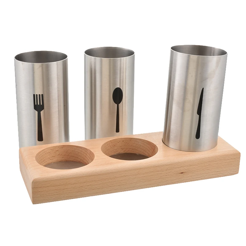 

Knife Spoon Fork Basket Storage Rack Set Bottles With Wood Stand Tray Stainless Steel Boxes Dinnerware Kitchen Accessories