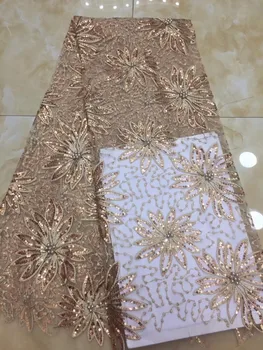 

African Lace Fabric 2019 Embroidered Nigerian Laces Fabric High Quality gold French Tulle Lace Fabric With Sequins Mateial
