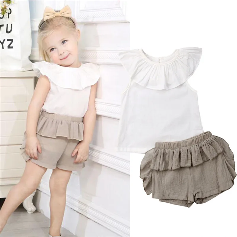 

Casual Newborn Kids Baby Girl Cotton Outfits Solid Ruffle Collar Sleeveless Vest Tops Elastic Waist Tutu Shorts 2Pcs Sets 6M-4Y