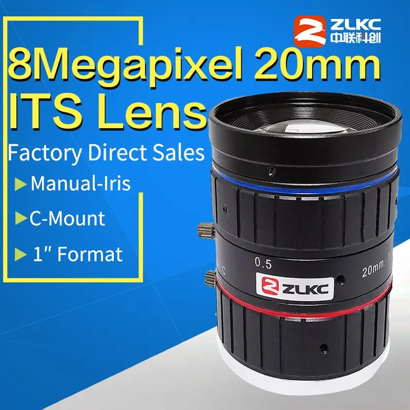 

C Mount lens 20mm 8Mega Pixel ITS 1"Format sensor lenses Correction Industrial camera manual Iris HD CCTV Lens plate recognition