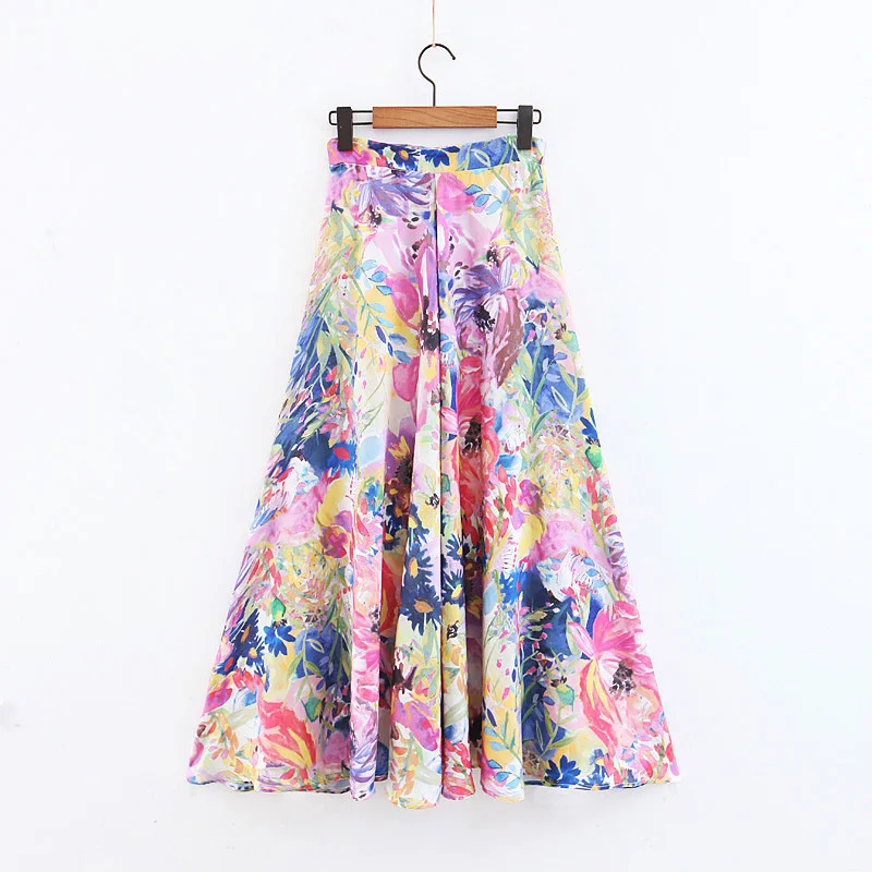 

Long Skirts Womens 2019 Floral Print A-line Jupe Femme Summer High Waist Maxi Skirt