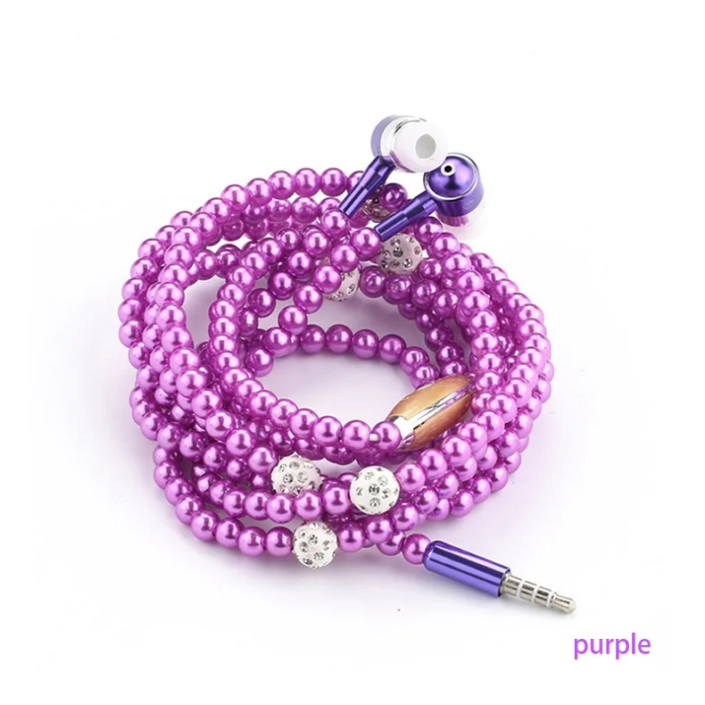 

Pink Girl Rhinestone Jewelry Pearl Necklace Earphones With Mic Beads 3.5mm Earphone Gift For Smart Phone