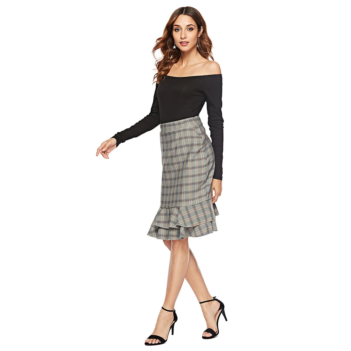 Autumn And Winter New Large Size Women's Stretch High Waist Plaid Ruffled Slim Slimming Skirt