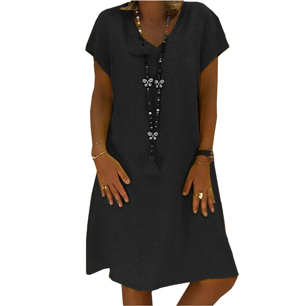 

Women Casual V-Neck Linen Dress New Arrived Solid Baggy Dresses Plus Size Summer Style Vestido Casual Ladies Loose Dress Femme