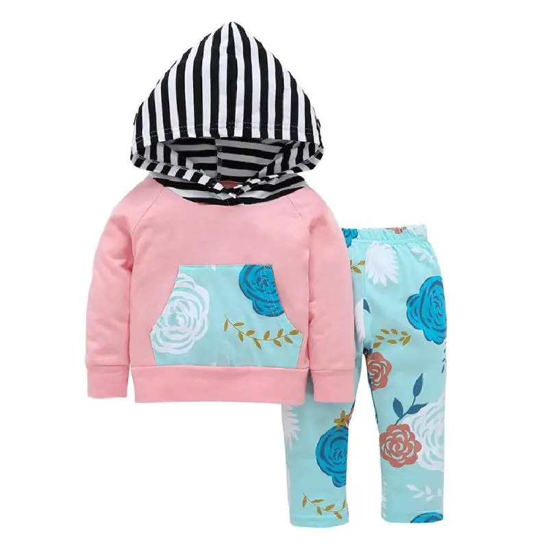 

kids Long Sleeve Hoodie Tops Pants 2pcs/set Baby Girls Costumes Floral Stripe Hoodie Tops Pants Kids Clothes For Birthday Gift