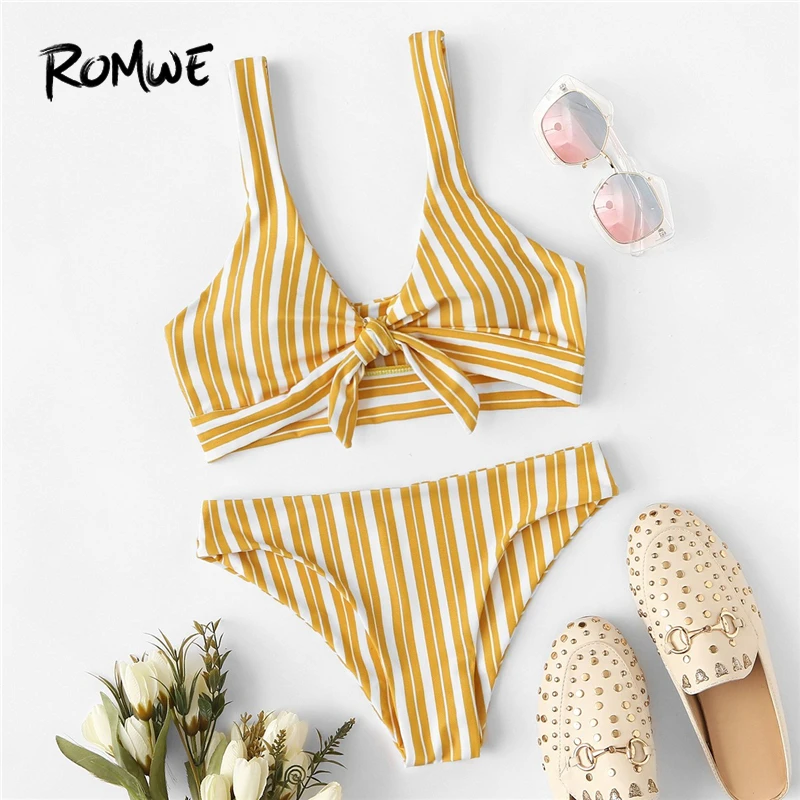 Sport Yellow Vertical Striped Knot Front V Neck Wireless Bikini Set Women Summer Low Waist Swimsuit Beach Swimming Wear Sport Yellow Vertical Striped Knot Front V Neck Wireless Bikini Set Women Summer Low Waist Swimsuit Beach Swimming Wear