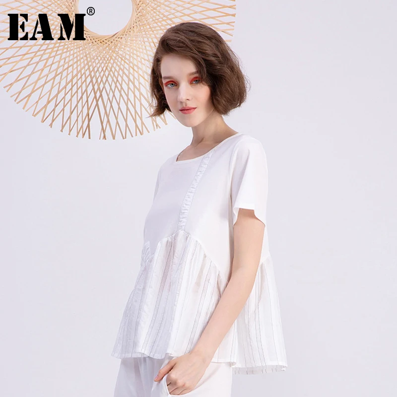 

[EAM] 2019 New Spring Summer Round Neck Short Sleeve Blue Loose white Pleated Split Joint T-shirt Women Fashion Tide JS883