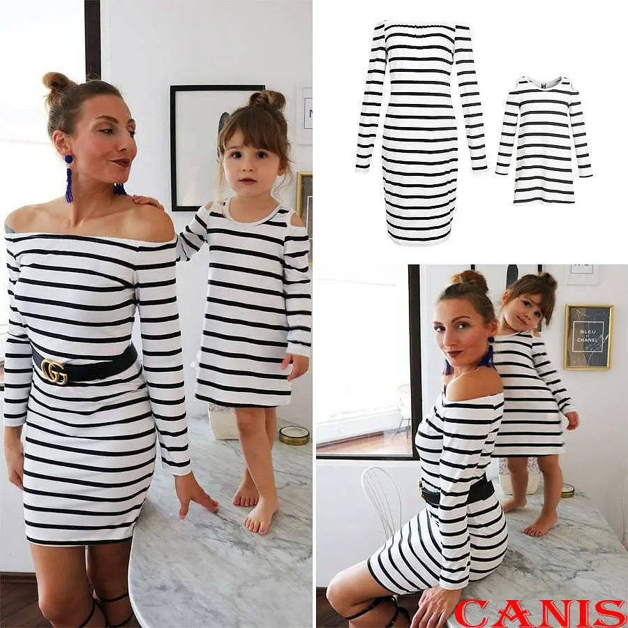 

Mother&Daughter Summer Cute Stripe Dress Matching Women Kid Girl Casual Family Clothes