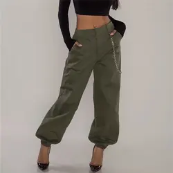 Vogue для женщин Высокая талия Свободные штаны-карго шаровары Хип Поп модные штаны женские длинные мотобрюки черный/армейский зеленый