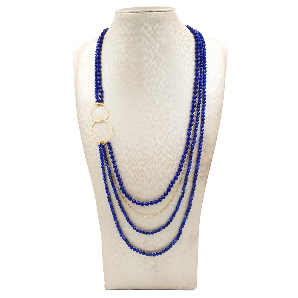 LiiJi Unique Natural Lapsi Lazuli Chain 925 Sterling Silver Gold color Double Circle 4 Rows Necklace Delicate Jewelry