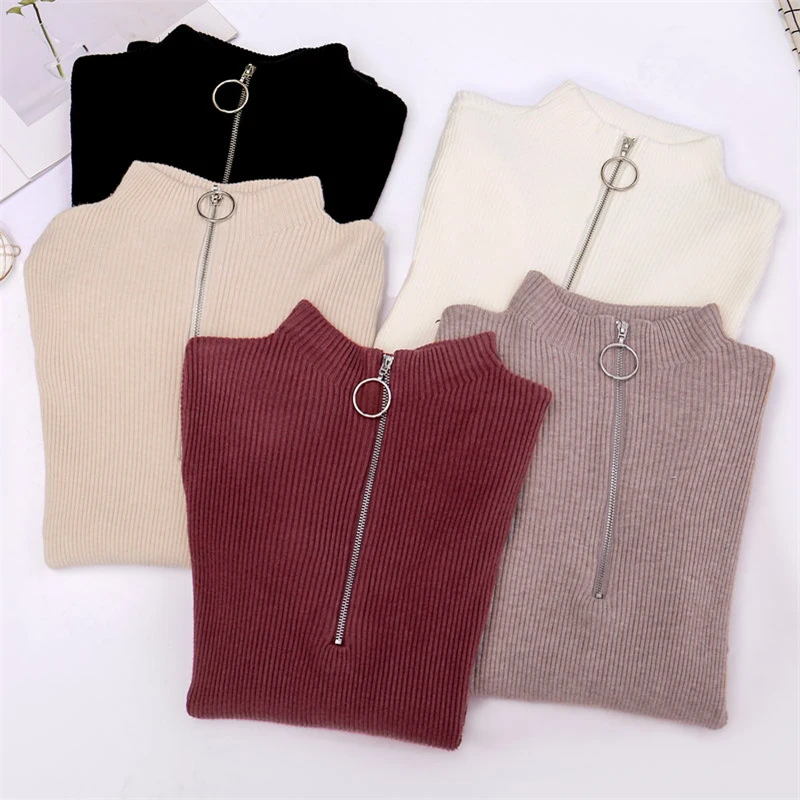 

Korean Knitted Women Sweater Pullovers Turtleneck Autumn Winter Women Sweater Slim Casual Zipper Streetwear Long Sleeves Sweater