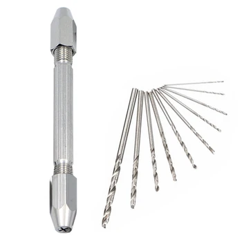 

11 Pieces Double-Headed Hand-Cranked Drill Double-Clamp Manual Punching Tool Carving Knife Pin Vise Chuck Micro Twist Drill Bit