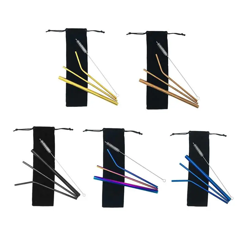 

4 Piece/set Stainless Steel Pattern Beverage Tube Straw Color Pattern Metal Milk Tea Drink Straw Combination Bag Set
