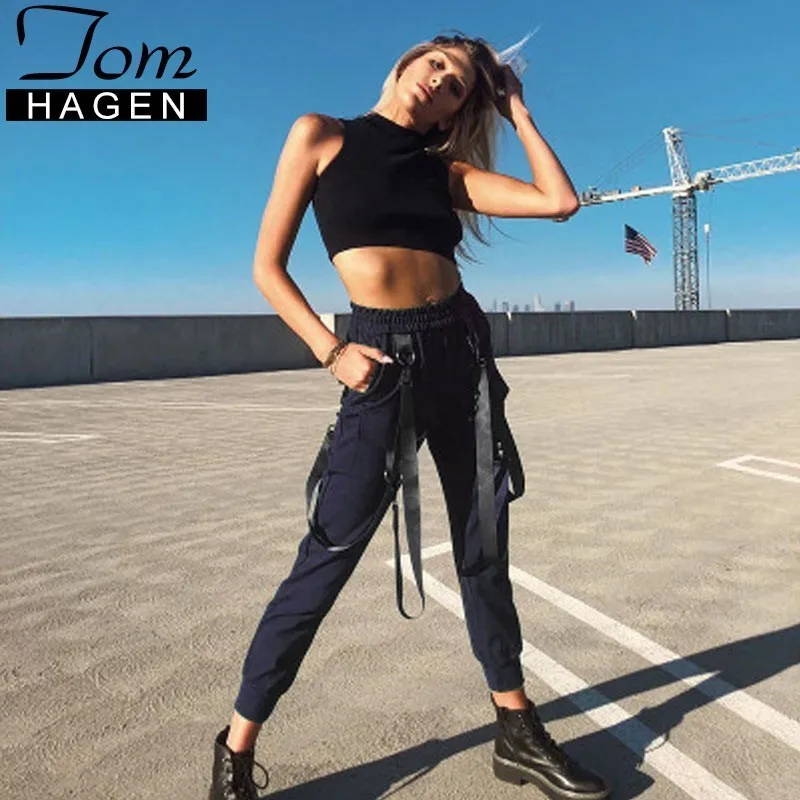 Autumn Fashion Streetwear Women Cargo Pants Blue High