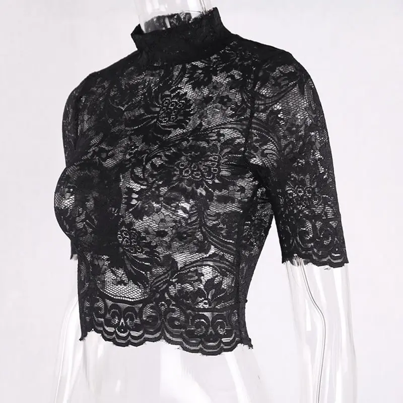 Сексуальные кружевные готические футболки, летний укороченный Топ для женщин, прозрачные топы, модная вышивка, водолазка, тонкая Женская Клубная одежда, черные футболки