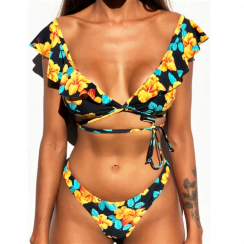 

2019 Vintage Ruffle Bikini Set Sexy Swimsuit Women Swimwear High Waist Bathing Suit Push Up Bandeau Brazilian Bikinis