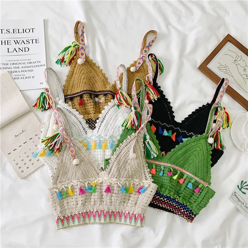 

2019 Chic Sexy Midriff Knitting Small Vest Wind Big Condole Top Female V-neck Tassel Joker Crop Tops Women Festival Tank Top