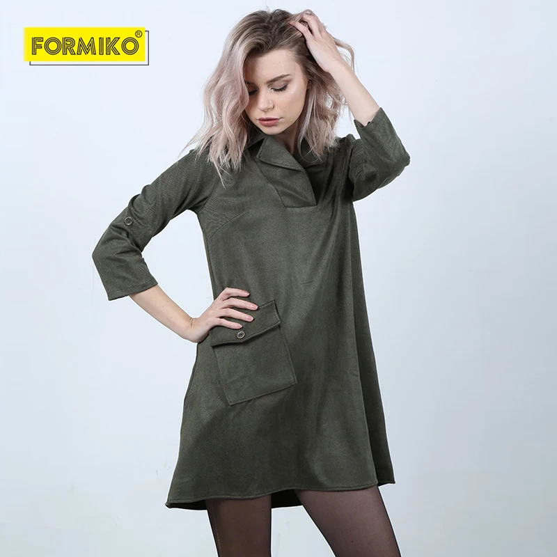 Formiko Замшевое платье А силуэта с отложным воротником. 2018 Сексуальное осень зима V