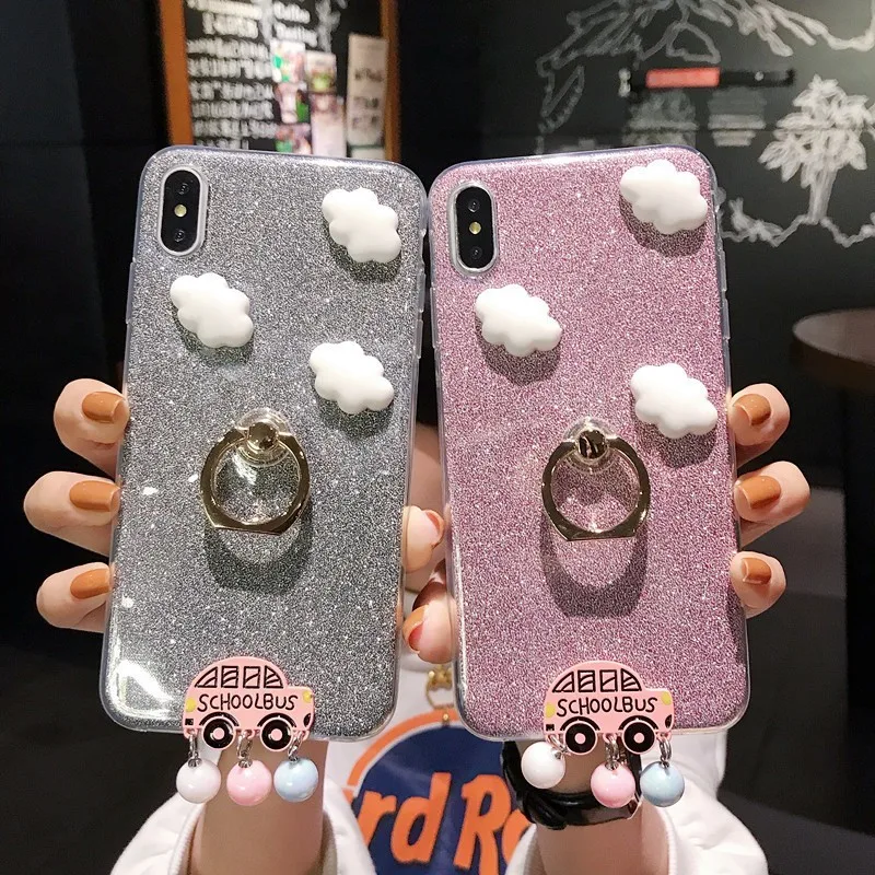 

Fashion Car White Clouds Phone Glitter Case For Huawei Honor 6X 7X 8X 7A 7C 8A 8C 8 9 10 lite V20 View 20 Pro Finger Ring Cover